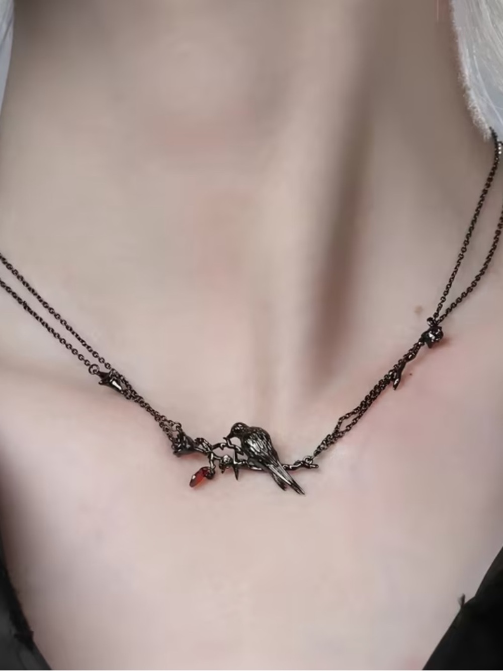 Vintage inspired Raven on a Branch Pendant Necklace in Dark Silver